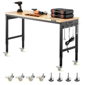 VEVOR 60-Inch Adjustable Workbench, 2000 lbs Load, Work Bench with Power Outlet, Wheels, and Pegboard, Heavy Duty Oak Wood Top Work Table for Gar