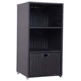 Poolside Towel Cabinet, Patio PE Rattan Storage, with 2-Tier Shelves and Bottom Drawer, 47"H, for Pool, Backyard, Dark Brown