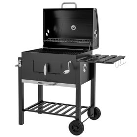 Charcoal BBQ Grill and Smoker Combo Outdoor Portable Trolley Camping Picnic Backyard with Side Shelf, Black