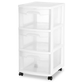 3 Drawer Slim Plastic Storage Cart with Clear Pull Out Drawers, White