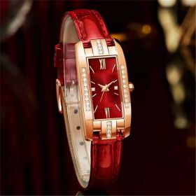 Women's Watches Fashion Square Ladies Quartz Watch Bracelet Set Green Dial Simple Leather Luxury Women Watches (Color: Red)