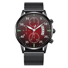 Luminous Calendar Dial Three Eyes And Six Needles Calendar Watch Men (Color: Black With Red Plate)