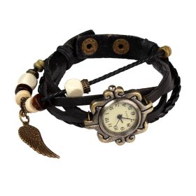 Beautiful Bohemian Style Retro Handmade Leather Angel Wing Women's Watches (Color: Black)